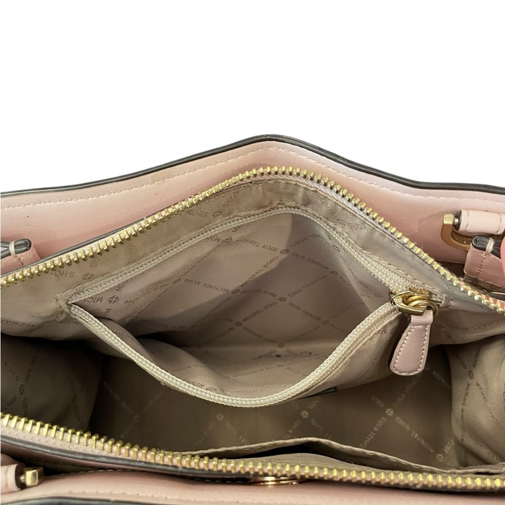 Michael Kors Marilyn Small MK‎ Logo Satchel Purse Bag Brown Blush Pink Designer - Picture 11 of 13